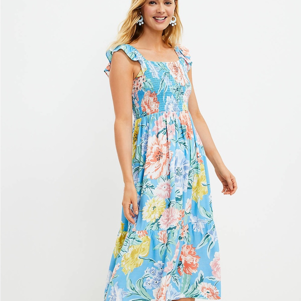LOFT Petite Garden Floral Smocked Ruffle Midi Dress XXSP